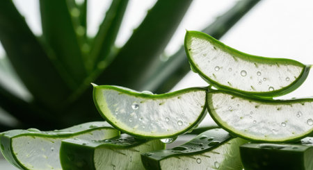 Close-up of translucent aloe vera slices revealing their soothing gel, with lush green leaves in the background.の素材