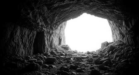 A high-quality 3D render depicting a dramatic cave entrance with rough rock textures and a bright, luminous light source at the opening. This realistic and clean design is perfect for commercial use and stock imagery, showcasing an isolated object on a transparent background.の素材