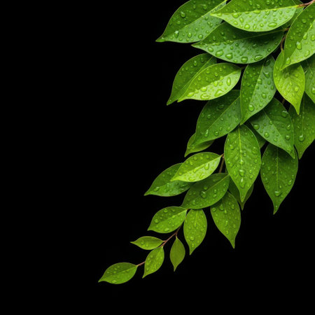 Close-up of lush green foliage adorned with glistening water droplets, set against a deep black backdrop.の素材