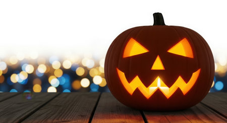 A carved pumpkin with a spooky face emits a warm glow. Blurred colorful lights create a festive atmosphere.の素材