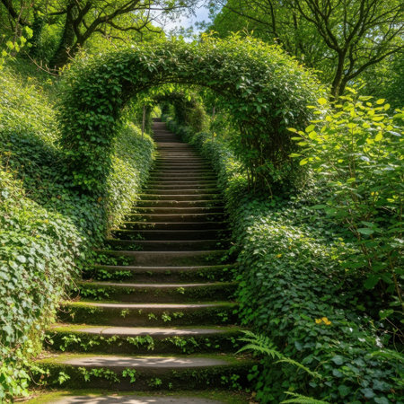 A weathered stone staircase winds upwards, enveloped by vibrant green foliage and a natural archway formed by dense vegetation.の素材