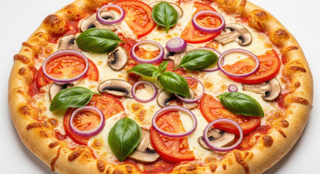 A close-up view of a freshly baked pizza, showcasing vibrant toppings like tomatoes, mushrooms, red onion, and basil.の素材