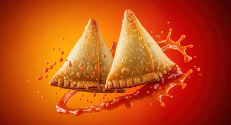 Two golden brown samosas are captured mid-air with a dynamic splash of red sauce creating an appetizing visual.の素材