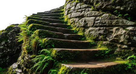 A high-quality 3D render of an ancient, weathered stone staircase, overgrown with lush green moss. This realistic and meticulously designed render features a clean aesthetic, making it perfect for commercial use and as stock imagery. The isolated object on a transparent background offers maximum flexibility for design projects.の素材
