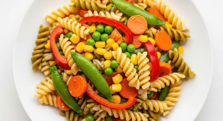 A vibrant plate of rotini pasta tossed with fresh peas, corn, carrots, and sliced red bell peppers.の素材