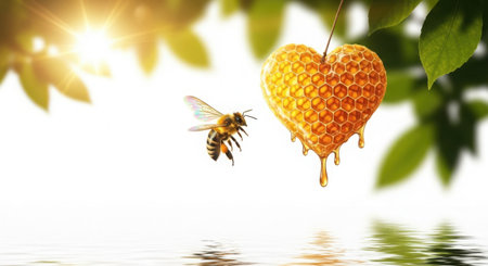 A bee flies towards a heart-shaped honeycomb dripping with honey, bathed in warm sunlight.の素材