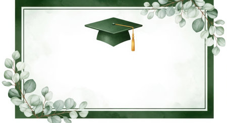 A sophisticated graduation cap adorns a blank invitation or announcement with a delicate green leaf border.の素材