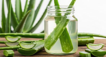 A clear glass bottle filled with aloe vera gel, surrounded by fresh aloe plant leaves and sliced pieces on a wooden surface.の素材