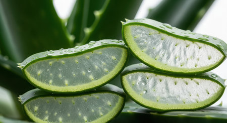 Close-up view of sliced aloe vera plant revealing its translucent gel and vibrant green leaves, highlighting natural goodness.の素材