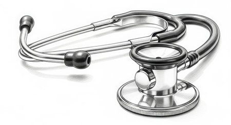 A finely rendered pencil sketch showcases a classic medical stethoscope, highlighting its intricate design and metallic sheen against a clean white canvas.の素材