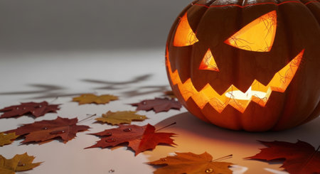 A carved pumpkin with a spooky face illuminated from within, surrounded by fallen leaves on a flat surface.の素材