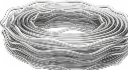 A tightly wound spool of thin, silver-colored wire with a wavy texture.の素材