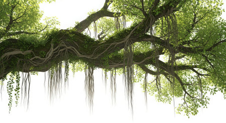 A high-quality 3D render showcasing an ancient willow tree branch with intricate, hanging roots. This realistic and clean design is perfect for commercial use and stock imagery, featuring an isolated object on a transparent background.の素材