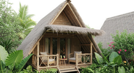 A high-quality 3D render of a charming tropical hut featuring a natural thatched roof and bamboo construction. This realistic and clean design is perfect for commercial use, stock imagery, and architectural visualizations, showcasing an isolated object on a transparent background.の素材