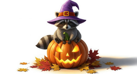 A cute raccoon wearing a purple witch hat sits atop a carved, glowing pumpkin surrounded by autumn leaves.の素材
