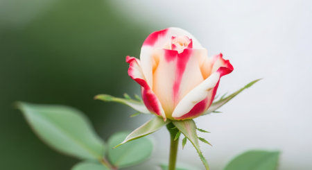 A close-up of a rose bud showcasing creamy white petals with vibrant red stripes, hinting at future bloom.の素材