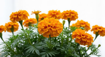 A high-quality 3D render showcasing a cluster of vibrant orange marigold flowers with lush green foliage. This realistic render features a clean design and is perfect for commercial or stock use, presented as an isolated object on a transparent background.の素材