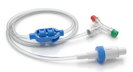 A sterile medical tubing set featuring a Y-connector, a blue clamp, and a white connector with a blue ring.の素材