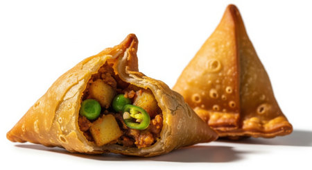 Two golden brown, triangular fried pastries revealing a savory filling of potatoes, peas, and spices.の素材