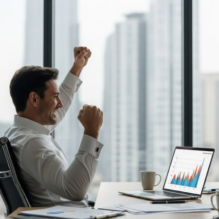 A man in a white shirt raises his fists in triumph while viewing a laptop displaying a financial chart and graph.の素材