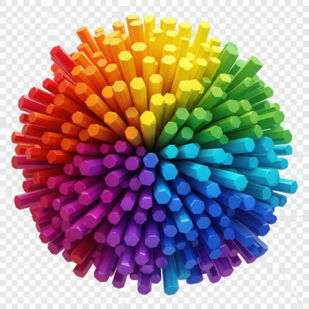 A spherical arrangement of numerous small, colorful rods radiating outwards, forming a spectrum of hues.の素材