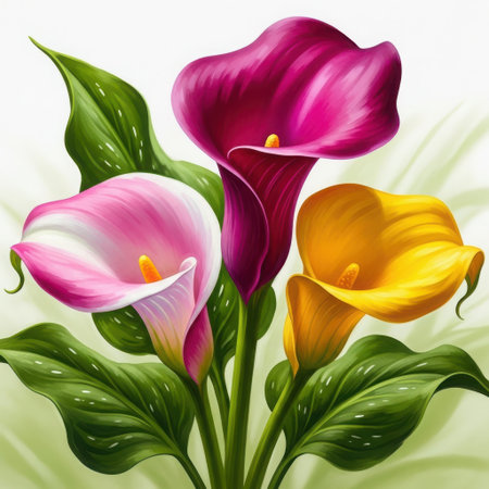 A close-up view of a beautiful arrangement of calla lilies in striking shades of pink, deep purple, and bright yellow, accented by lush green leaves.の素材