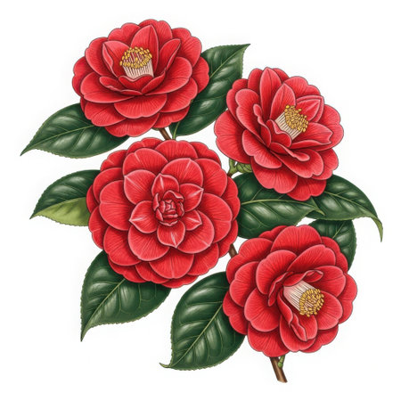 A beautiful arrangement of four detailed red camellia flowers surrounded by dark green foliage, presented as a botanical artwork.の素材