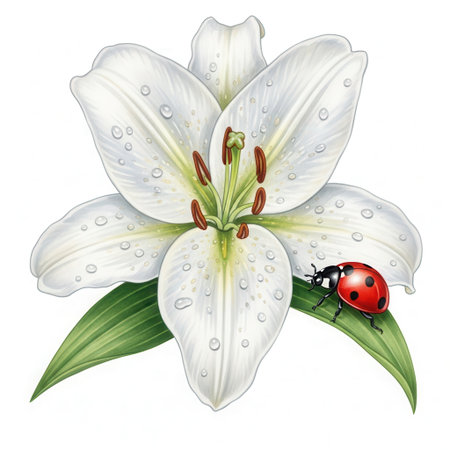 A detailed botanical illustration of a pristine white lily flower covered in glistening water droplets, with a small ladybug resting on a green leaf.の素材