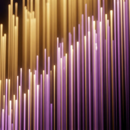 A dynamic abstract composition featuring blurred vertical streaks of vibrant purple and warm gold light creating a sense of movement.の素材
