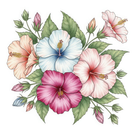 A beautiful watercolor painting showcases a cluster of colorful hibiscus blooms and buds surrounded by lush green foliage.の素材