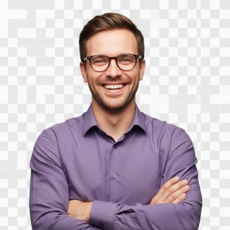 A happy man with glasses and a purple shirt stands with his arms crossed, smiling broadly.の素材