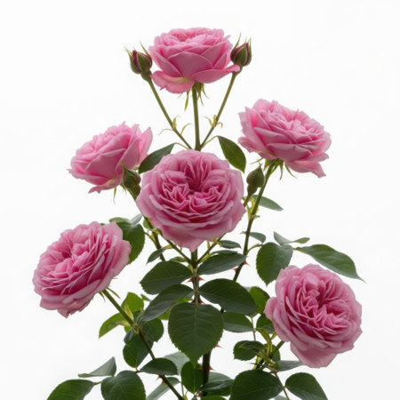 A cluster of beautiful, fully bloomed pink roses with buds and green foliage against a bright background.の素材