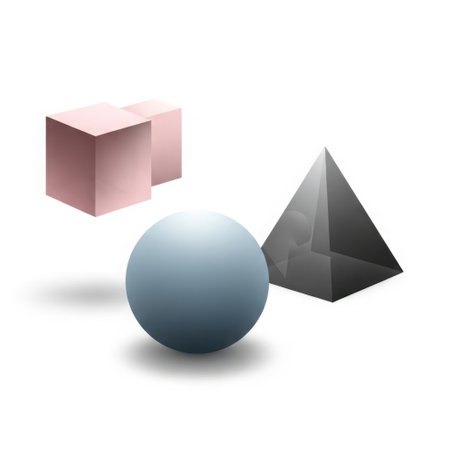 Three basic geometric forms, a cube, sphere, and pyramid, rendered with realistic shading and highlights against a clean white backdrop.の素材