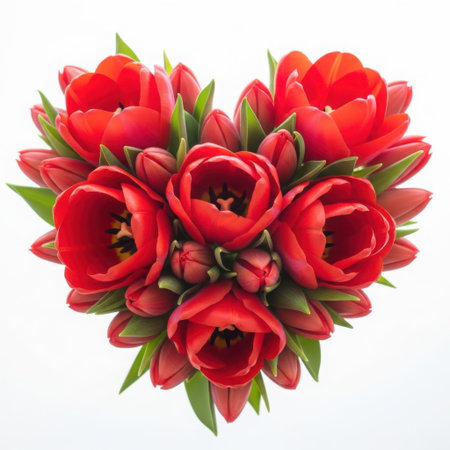 A beautiful arrangement of blooming red tulips forming a perfect heart shape, symbolizing love and affection.の素材
