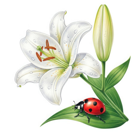 A delicate white lily unfurls its petals next to a closed bud, with a vibrant ladybug resting on a green leaf.の素材