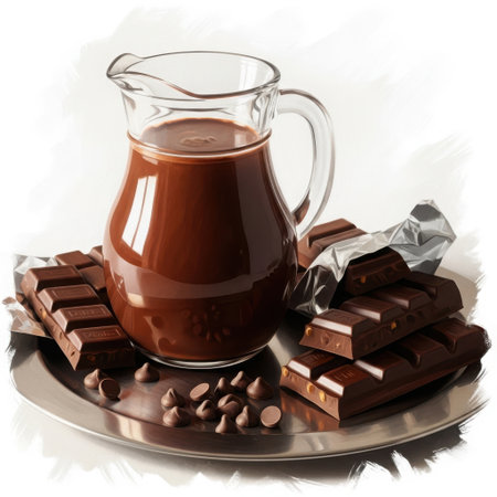 A clear glass pitcher filled with a dark, rich chocolate drink sits beside several bars of dark chocolate and scattered chocolate chips.の素材