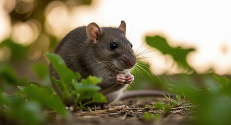 A close-up view of a small rodent holding food in its paws and eating. Lush foliage surrounds the creature.の素材