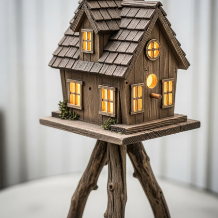 A detailed, weathered wooden miniature dwelling perched on a tripod of natural branches, its windows emitting a soft, inviting light.の素材