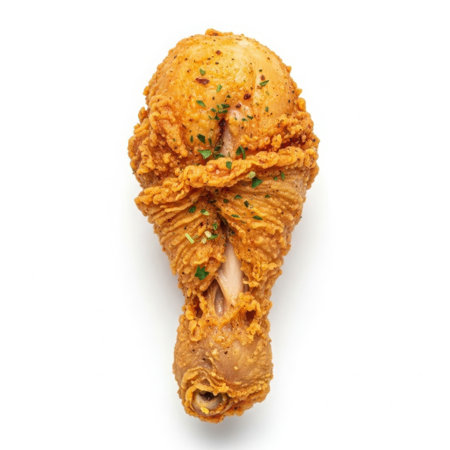 A single, delicious, golden brown fried chicken leg with a perfectly seasoned, crunchy exterior and a white background.の素材