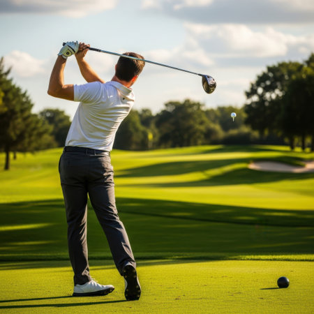 A male golfer in mid-swing on a well-maintained golf course with trees and a bunker in the background.の素材