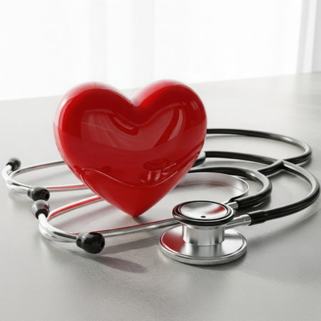 A bright red heart shape is artfully placed upon a silver and black medical stethoscope, symbolizing care and health.の素材