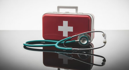 A red medical emergency kit with a white cross symbol sits beside a stethoscope. The items are placed on a dark, reflective surface.の素材