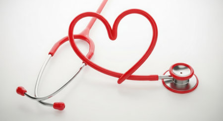 A vibrant red stethoscope is artfully arranged in the shape of a heart, symbolizing care and well-being.の素材