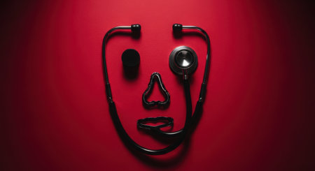 A stethoscope is artfully shaped into a human face, featuring a stylized eye, nose, and mouth, set against a vibrant red backdrop.の素材