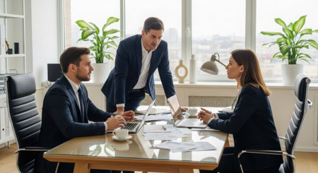 Three professionals are gathered around a table in an office setting, engaged in a discussion. They are reviewing documents and using laptops, indicating a collaborative project meeting. The office is well-lit with natural light from large windows, and there are several potted plants adding a touch of greenery.の素材
