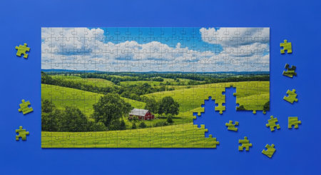 A detailed and vibrant image of a countryside landscape puzzle. The scene features rolling green hills, a clear blue sky with fluffy white clouds, and a quaint countryside house surrounded by lush trees. The puzzle pieces are scattered around the completed section, adding a playful touch to the image.の素材