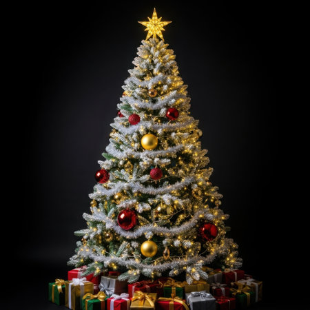 A beautifully decorated Christmas tree stands tall against a dark background. The tree is adorned with a layer of artificial snow, giving it a frosted appearance. Golden and red baubles are scattered throughout the branches, adding a festive touch. At the top, a bright star shines, completing the holiday look. Beneath the tree, an assortment of wrapped gifts in various colors and patterns are neatly arranged, enhancing the festive atmosphere.の素材
