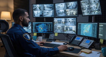 The image depicts a security operator seated at a workstation, intently monitoring multiple surveillance screens. The operator is wearing a uniform and is surrounded by numerous computer monitors displaying various security camera feeds. The workstation is equipped with a keyboard, mouse, and other communication devices. The environment appears to be a control room, likely in a security or surveillance center.の素材