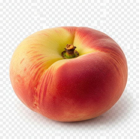 A single, vibrant peach displays a gradient of red and yellow hues, showcasing its natural, slightly wrinkled surface.の素材
