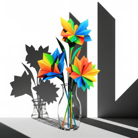 Brightly colored, handcrafted paper flowers in a glass vase cast striking geometric shadows on a white surface.の素材